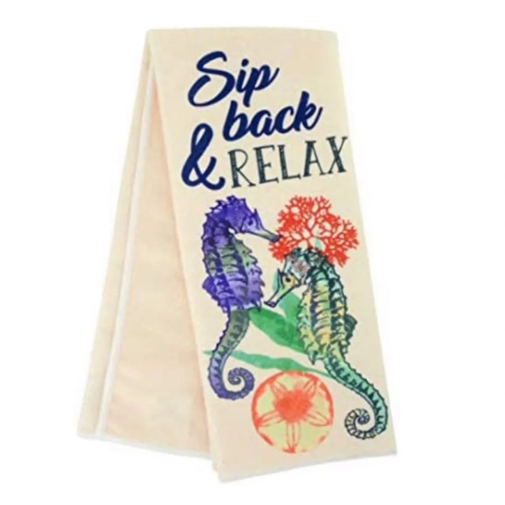 Kitchen Towel - “Sip Back & Relax” Seahorse Coastal Sentiment, Set of 2